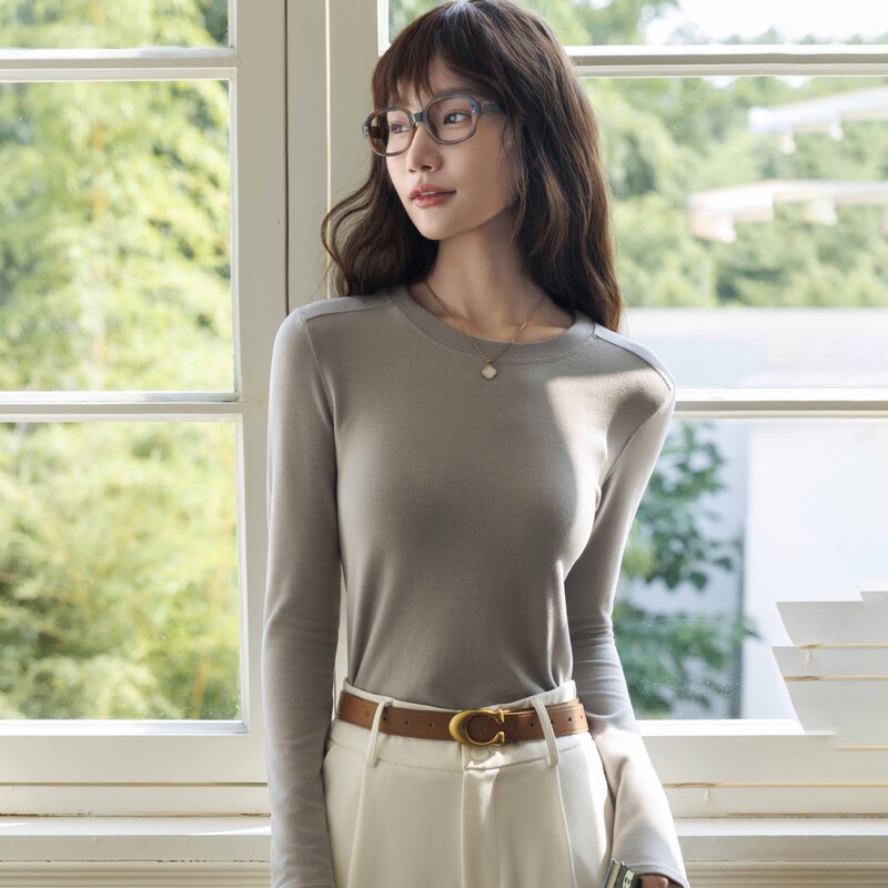2109 Customized Acetate Lyocell Round Neck Bottoming Shirt for Women Autumn and Winter Cotton Wool Inner Slim Long-Sleeved T-Shirt Top