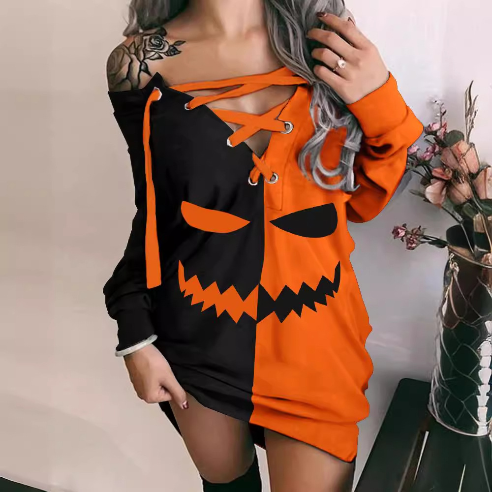 Women's Clothing women's Halloween print contrast color strap sweater dress_voghion.com