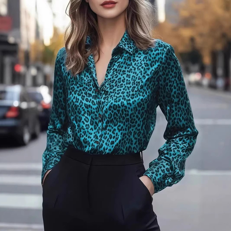 Amazon Cross-Border 2025 New Leopard Print Spring and Autumn Casual Fashion Shirt European and American Women's Button-Up Top