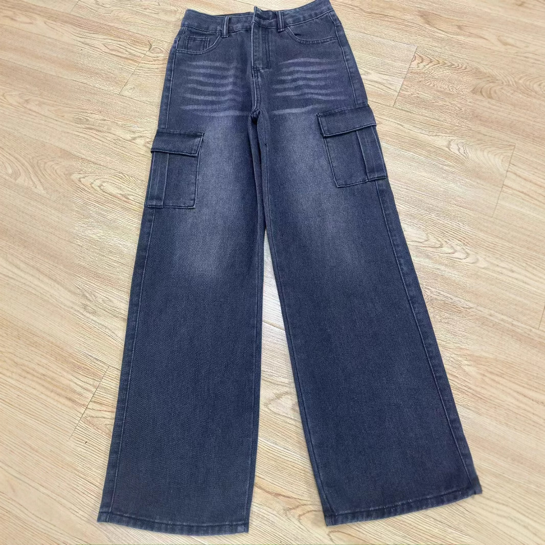 시멘트 그레이 높은 허리 넓은 다리 청바지 여성의 2025 봄과 가을 수 놓은 슬리밍 좁은 버전 레트로 바지