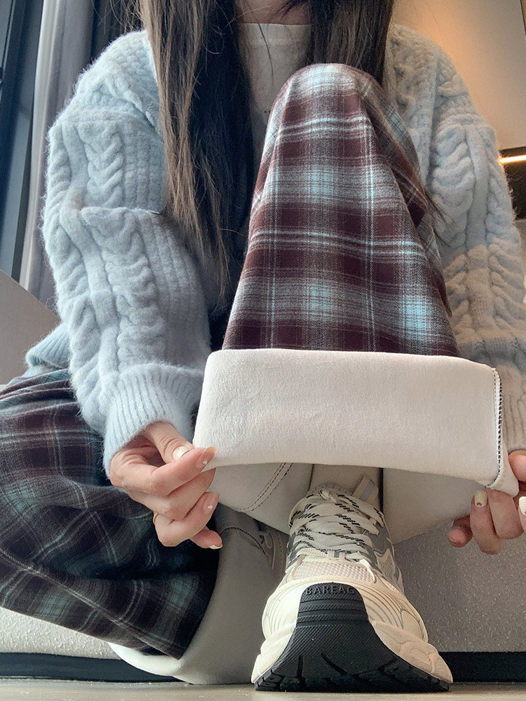 Pantalones de pierna ancha con cordón de cintura alta a cuadros retro mujeres 2024 otoño e invierno más pantalones casuales rectos de moda sueltos y delgados de terciopelo