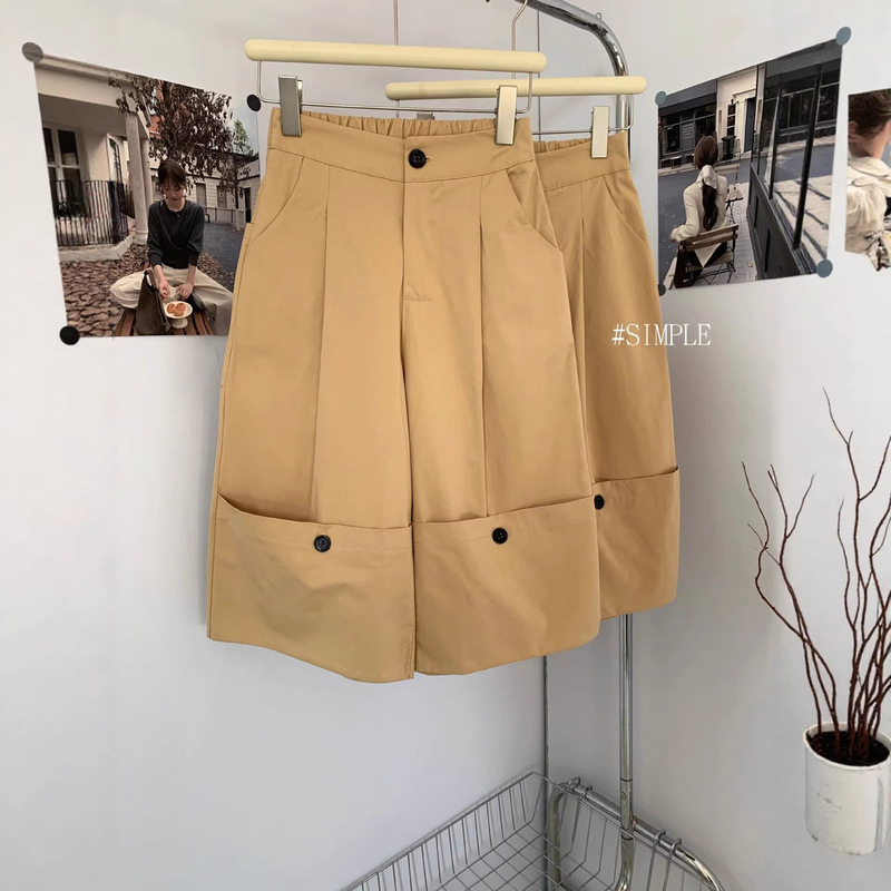 Temu Niche Design Workwear-Style Cuffed Casual Pants for Women, American-Style Versatile Commuter Trendy Cropped Wide-Leg Pants