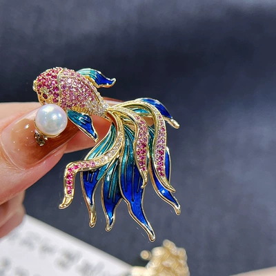 DIY accessories Chinese style koi goldfish brooch enamel copper gold-plated zircon pin pearl corsage empty holder