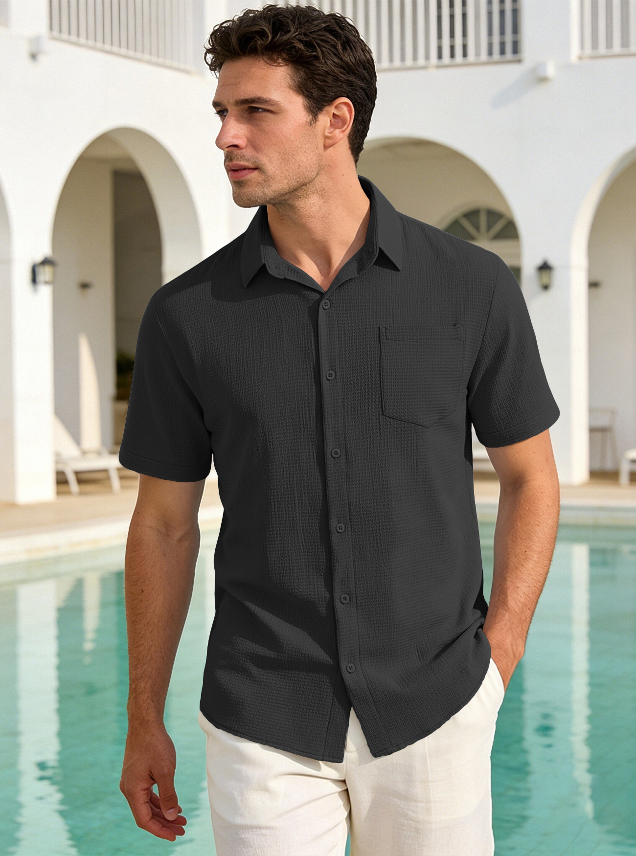 Herren Sommer Freizeithemd Einfarbig Mit Tasche Und Kragen_voghion.com