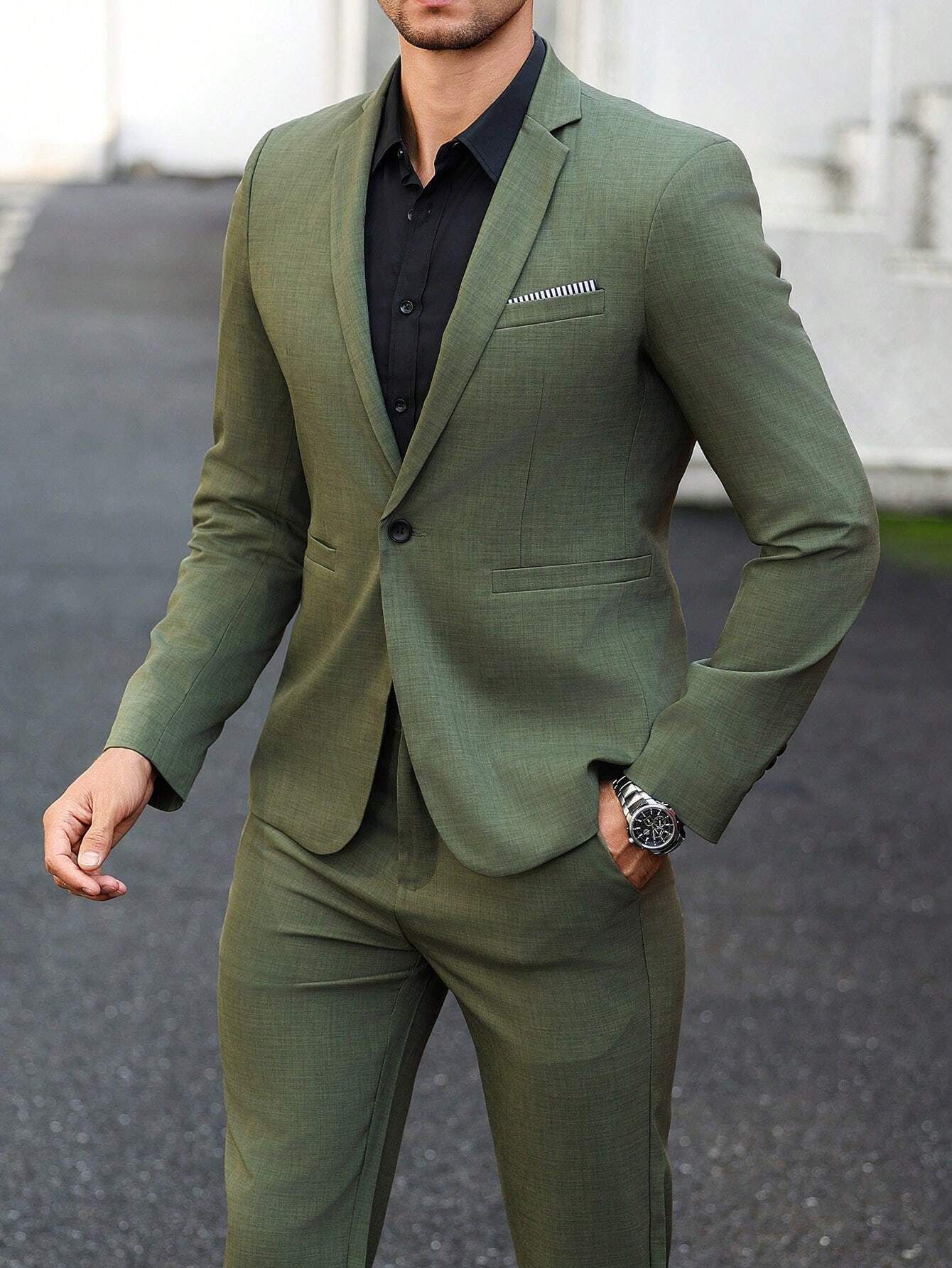 Men's Dark Green Business Suit Set For Gentleman Solid Color_voghion.com