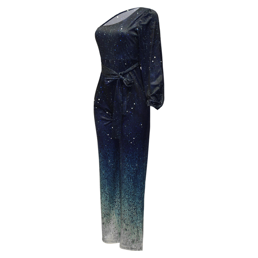 Damenbekleidung, Jumpsuit mit Farbverlauf und diagonalem Kragen, langärmelig, sexy, weite Beinhose_voghion.com