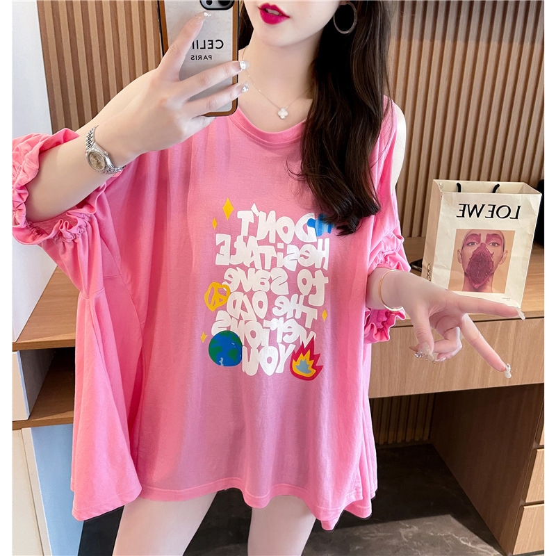 8974#【官图6535棉】夏季2024露肩设计百搭宽松字母印花圆领T恤女