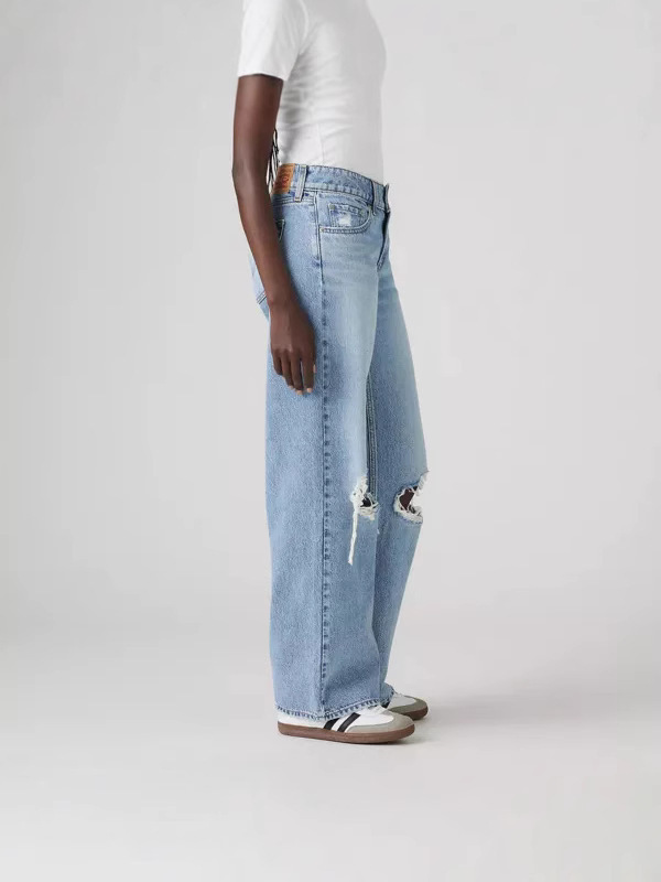 Jeans de Mujer de Tiro Alto de Algodón y Poliéster Pierna Ancha Rasgado para Uso Casual