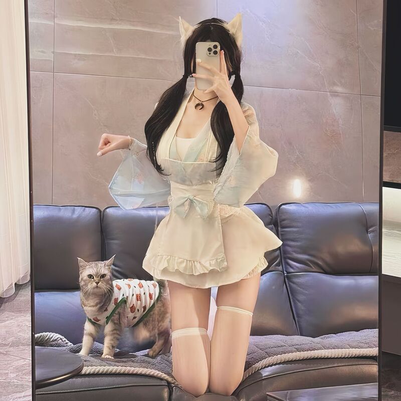 Butterfly Night Dessert Temptation Print Kimono Set Pure Desire Temptation Maid Sheer Nightdress for Women