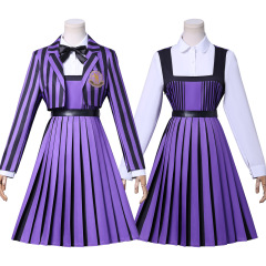 伊萌儿童成人星期三cos亚当斯一家COS紫色条纹校服cosplay服装
