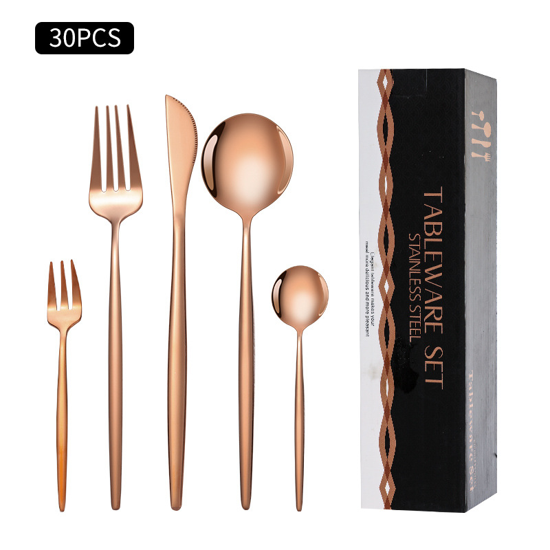 Cruz-Frontera de acero inoxidable vajilla portugués cuchillo y tenedor conjunto de 30 piezas de comida occidental cuchillo de filete de oro y cuchara de la caja de regalo