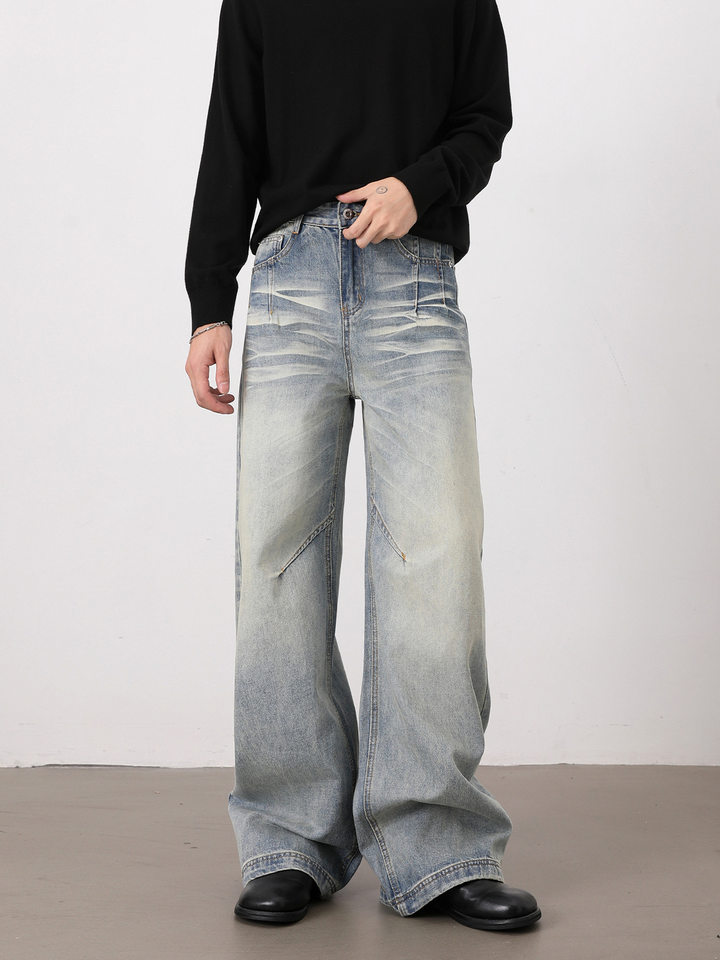 Quần jeans nam dáng rộng ống đứng phong cách high street, lưng vừa, dài ống, dễ phối đồ — Xanh nhạt