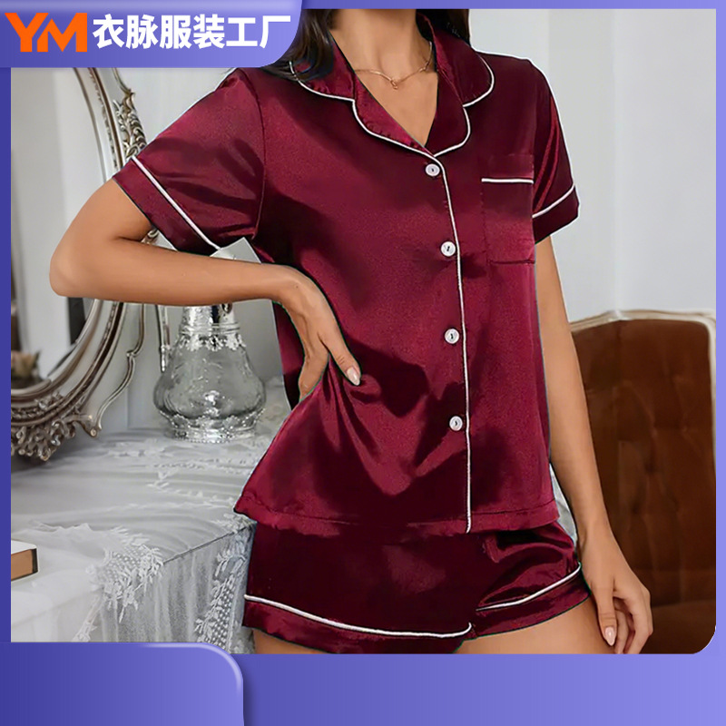 Nuevo pijama europeo y americano transfronterizo, tiras de verano, pantalones cortos básicos de manga corta de color sólido, trajes casuales de servicio a domicilio para damas al por mayor