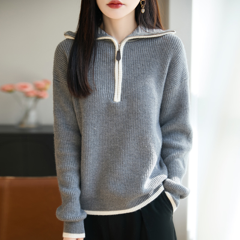 Women's Half-Zip High-Neck Thick Sweater with Bear Fleece Stripes, Lazy Style Color-Block Pullover Women's Half-Zip High-Neck Thick Sweater with Bear Fleece Stripes, Lazy Style Color-Block Pullover