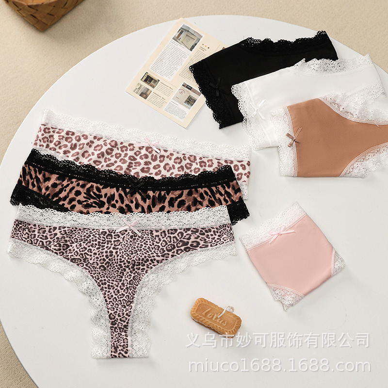 Cross-Border Sweet Leopard Print Panties, Feminine French Lace Splicing, Seamless Cotton Crotch, Breathable Women's Mid-Waist Brazilian Briefs