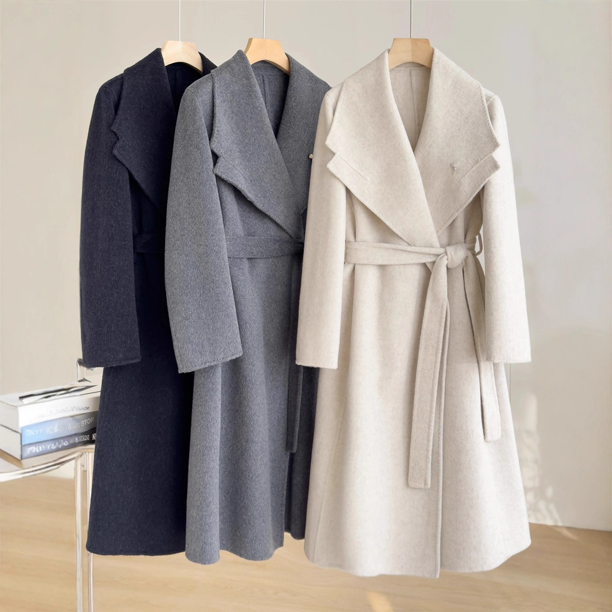 Endi High-End Large Lapel Lace-Up Alpaca Wool Outwear Autumn and Winter Long Gray Double-Sided Woolen Outwear for Women