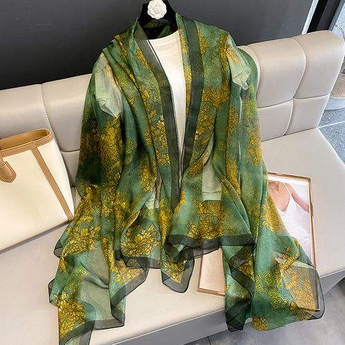 Silk scarf for women spring and autumn new style printed soft gauze extra large summer sun protection beach scarf women's gauze scarf shawl outer scarf