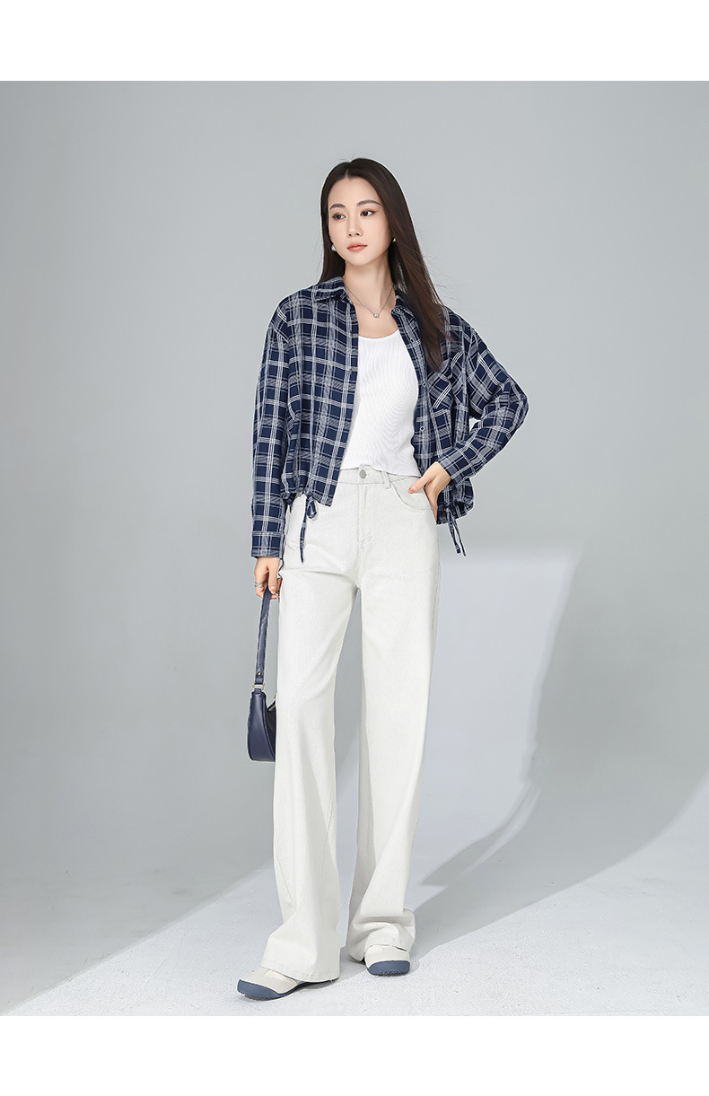 Áo sơ mi nữ dáng suông họa tiết caro xanh lam, chất liệu linen thoáng mát, tay dài có dây rút eo — Caro xanh lam chi tiết 20