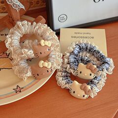 咖色系猫咪牛仔花边小肠圈日系甜美少女马尾发绳发饰批发新款发饰