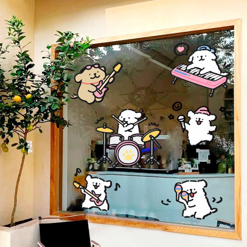 Ins Style Shop Line Puppy Electrostatic Cartoon Sticker Window Glass Decoration Sticker Kitchen Toilet Door Sticker