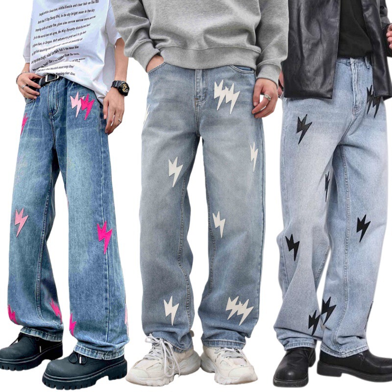 Cross-Border Foreign Trade High-End Lightning Embroidery Jeans for Men Amazon Straight-Leg Trendy Fashion Versatile Casual Pants for Men