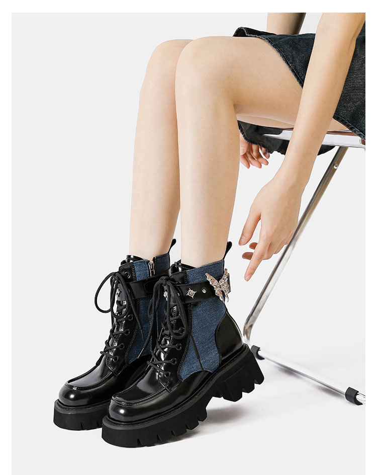 2024 Ősz/Tél Új Liquid Butterfly Martin Talpú Könnyű Knight Rövidnadrág Női Vastag Sarkú Farmer Bőr Csizma_voghion.com