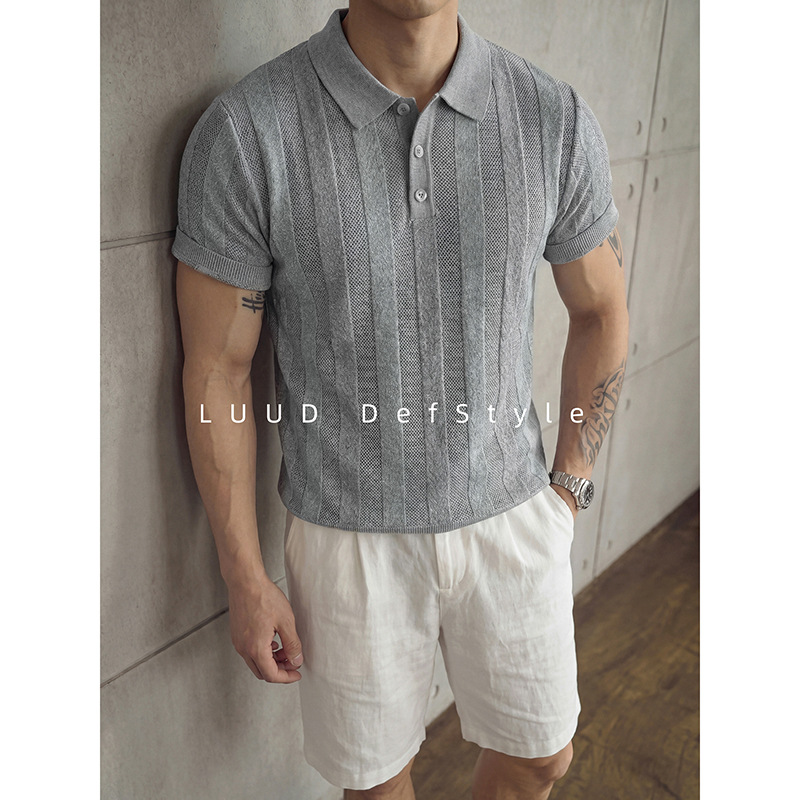 Polo camiseta de punto camiseta de manga corta camiseta de hombre solapa rayas huecas viejos vientos de alto nivel de verano fábrica transfronteriza al por mayor