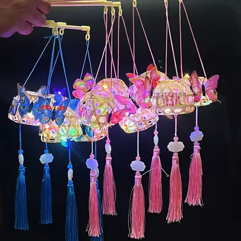 2025热卖蛇年灯笼中秋节仿竹编灯笼花灯儿童手提兔子发光荷花灯笼|undefined
