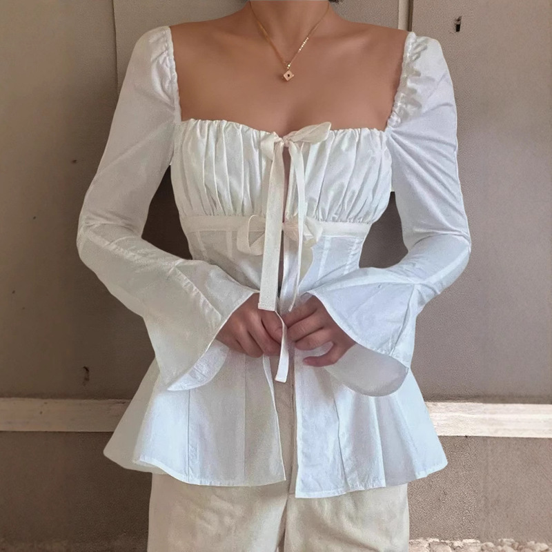 Amazon Independent Station White Shirt Women's Slim Pleated Lace-Up Corset Flared Long Sleeve Top