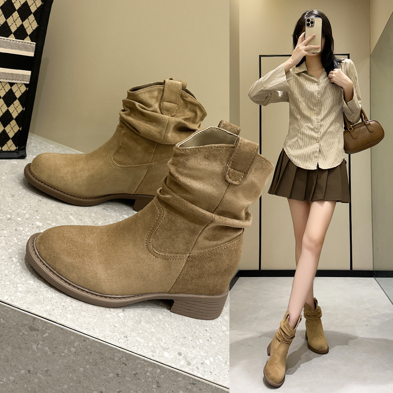 Women's 2025 Autumn/Winter New 8cm Height-Increasing Martin Boots, Mid-Calf Slimming Ruched Vintage Boots