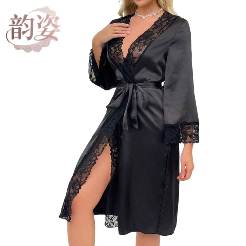 Cross-Border Xiyin Robe Winter Sexy Nightgown Women's Summer European and American Silk Home Wear Lingerie Nightgown Wholesale European and American Style