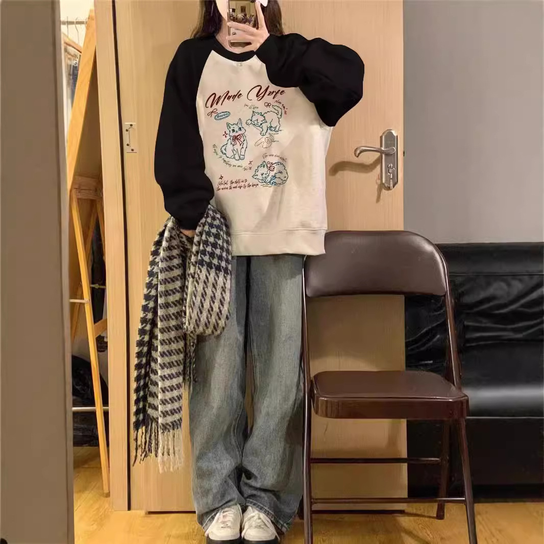 RAGLAN 슬리브 라운드 넥 스웨트 셔츠 여성의 봄과 가을 얇은 긴 소매 2024 새로운 틈새 디자인 센스 게으른 스타일 후드 탑