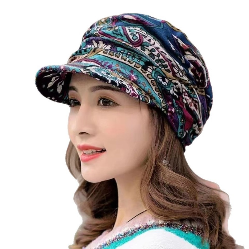 秋冬天加绒碎花朵帽子女韩版潮软帽檐鸭舌帽防寒保暖民族风布帽子|undefined