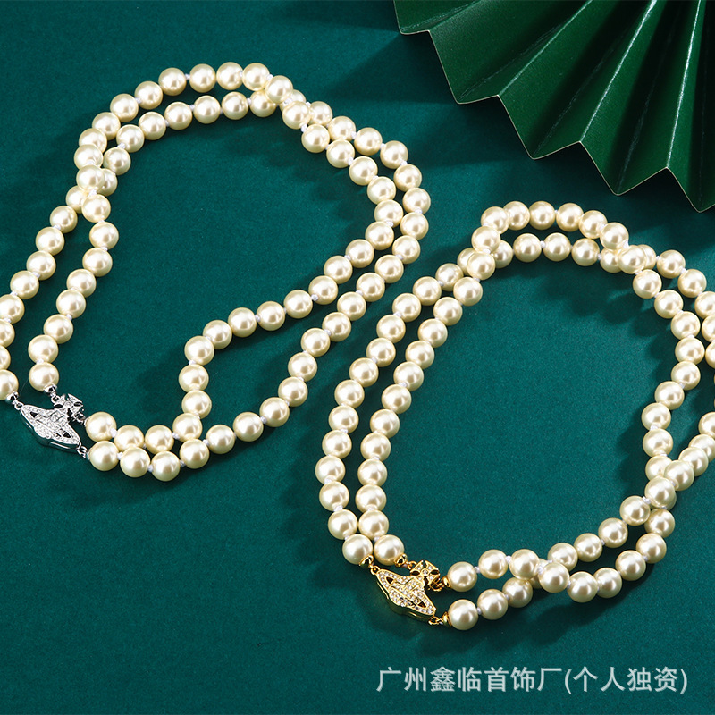 High version Western Queen Mother double layer Saturn pearl necklace full diamond magnetic buckle fashion temperament high sense factory wholesale