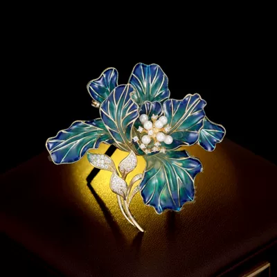 Vintage Enamel Craft Floral Brooch Women's High-end Luxury Peony Flower Cheongsam Coat Corsage Accessories (Yaxa sancaqları) - blue