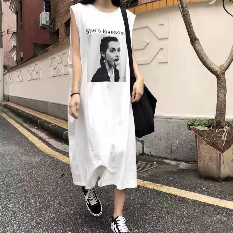 Korean style vest dress women's summer New loose casual straight sleeveless printed long skirt lazy style T-shirt skirt