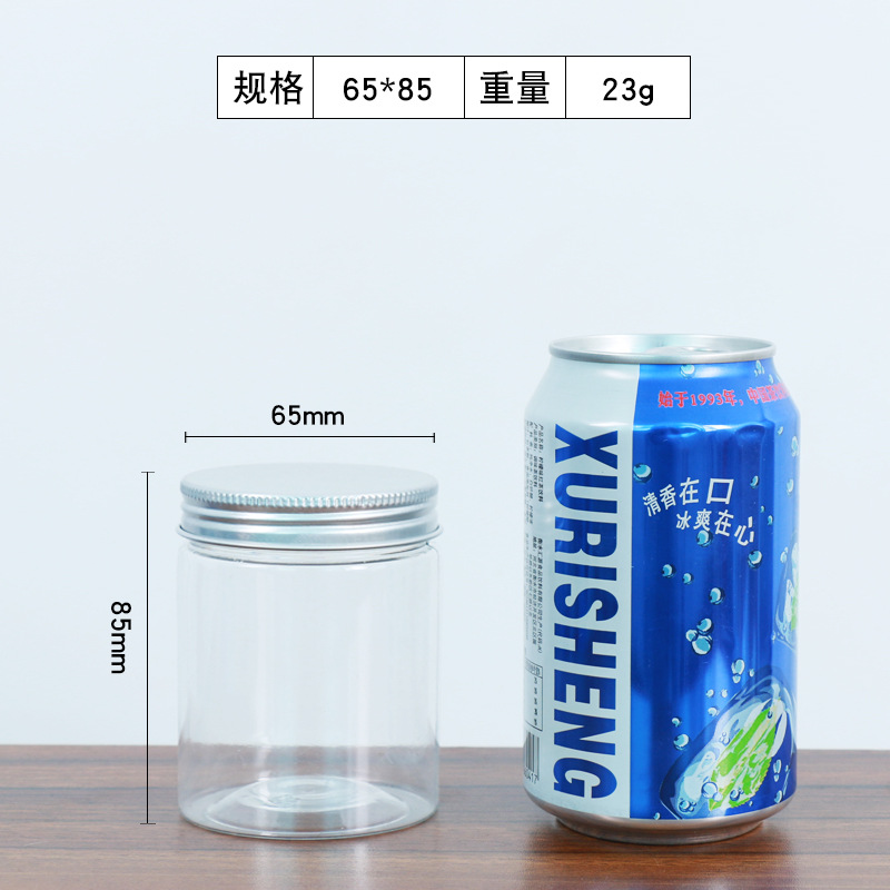 Cubierta de aluminio de plástico transparente tarro de comida en stock al por mayor nueces granos merienda miel sellado tarro botella de boca ancha para mascotas