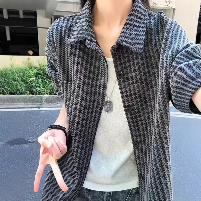 Fishbone Pattern Small Fragrant Shirt Men's Autum American Retro Small Fragrant Style Lazy Style Jacket Casual Lapel Jacket