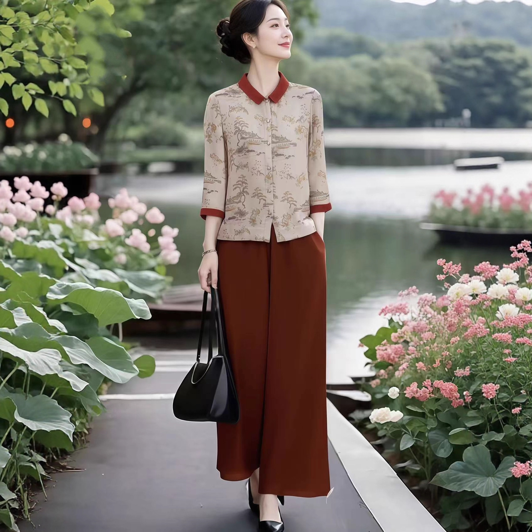 Middle-Aged and Elderly Women's New Chinese Style National Style Contrast Print Shirt + Elastic Waist Comfortable Cropped Pants Set for Spring and Autumn