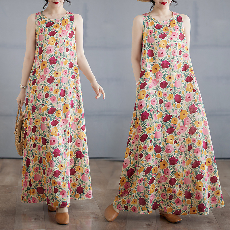 Real Shot Bohemian Maxi Dress Summer Fattened Oversleeveless Crew Neck Print Dress_ecoleips.com