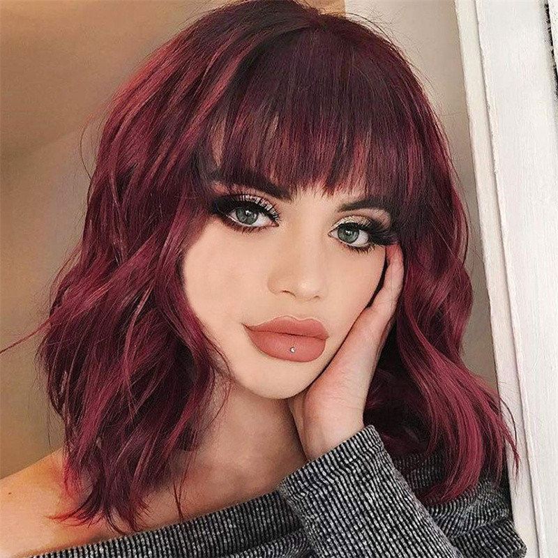 Foreign Trade European and American Style Medium-Long Curly Hair Synthetic Wig for Women, Bangs, Corn Perm Short Curly Hair Wig, Shoulder-Length Wig, Slightly Curly
