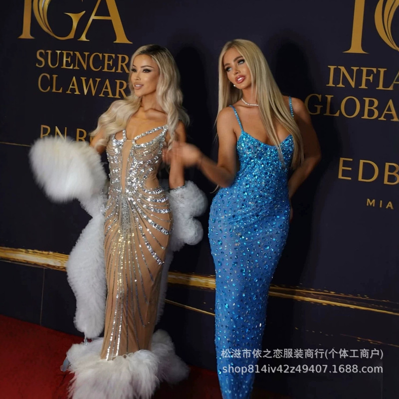 Elegant and Shiny Blue Rhinestone European and American Style Gown, Cocktail Party Evening Dress, Miss Universe Pageant Dress, Car Show Model Dress Elegant and Shiny Blue Rhinestone European and American Style Gown, Cocktail Party Evening Dress, Miss Universe Pageant Dress, Car Show Model Dress