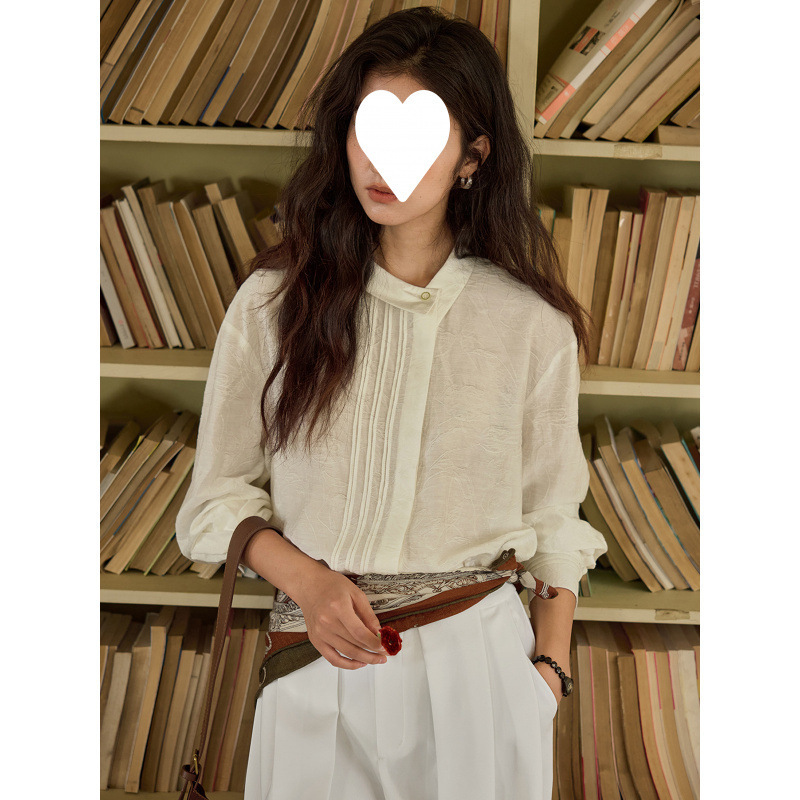 Solighter French Linen Asymmetrical Lapel Jacquard Shirt Women's Autum 2026 New Long-Sleeved Top