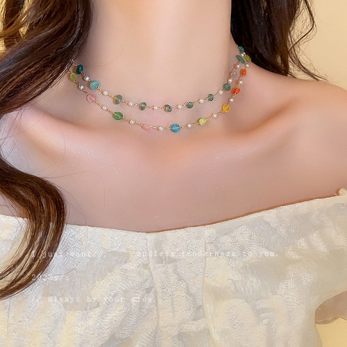 Small fresh and personalized crystal flower pearl stone beaded necklace fashionable and versatile clavicle chain sweet necklace wholesale
