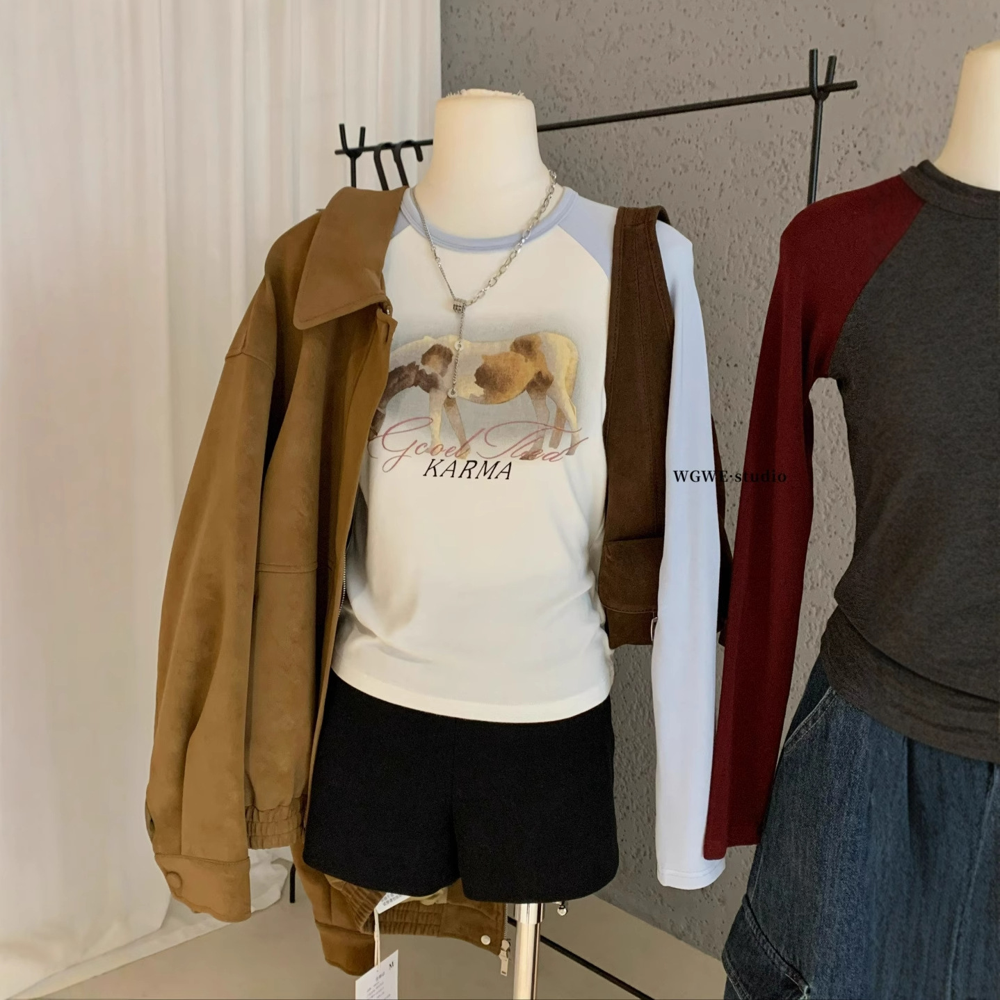 Wgwe7956 Guangzhou Thirteen Lines Women's Clothing 2025 Autumn New Style Raglan Sleeve Printed Long Sleeve T-Shirt Short Top