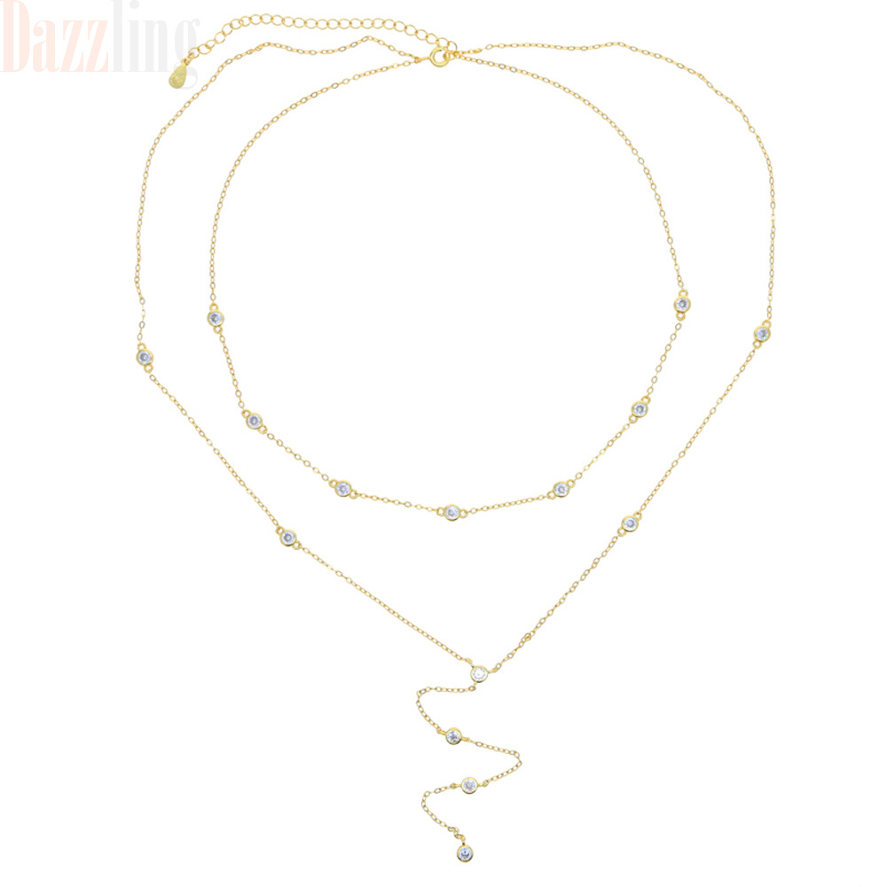 Women's Style Round Zircon Double Chain Long Pendant Necklace Simple Versatile Clavicle Chain Jewelry_voghion.com