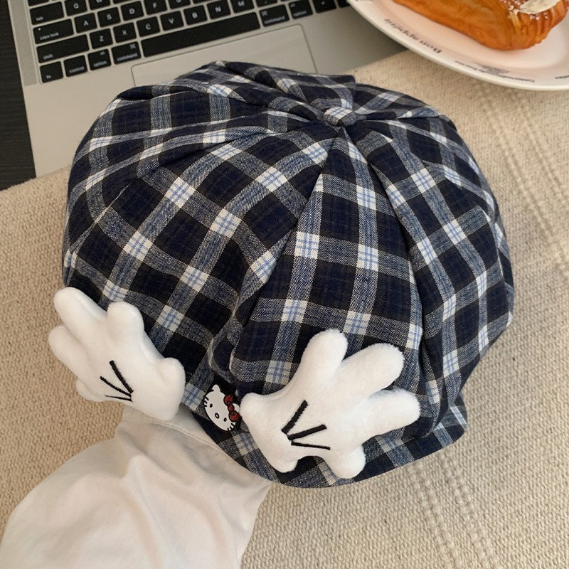 韩系可爱kitty猫格子贝雷帽女甜美百搭大头围显脸小八角画家帽子|undefined