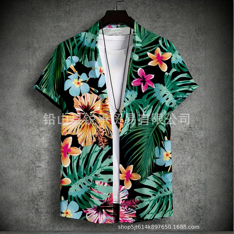 Cross-Border European and American Beach Men's Digital Print Shirt Casual Hawaiian Style