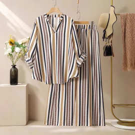 现货跨境欧美外贸女装亚马逊独立站新款休闲条纹印花上衣裤子套装