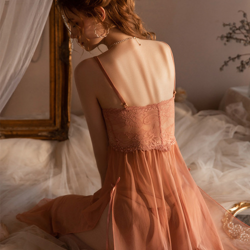 Lace and Sheer Mesh Set for Love and Romance, Long-Legged Temptation, High Slit Long-Sleeve Nightgown with Outer Robe, Wholesale Sleepwear